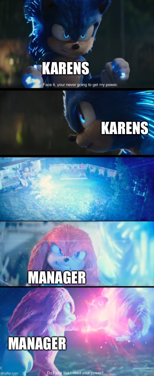 SANIC TEMPLATE | KARENS; KARENS; MANAGER; MANAGER | image tagged in sanic,karen,barney will eat all of your delectable biscuits | made w/ Imgflip meme maker