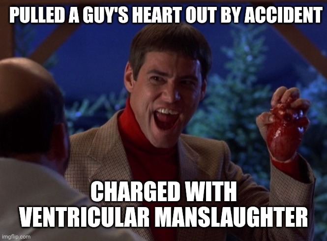 Dammit | PULLED A GUY'S HEART OUT BY ACCIDENT; CHARGED WITH VENTRICULAR MANSLAUGHTER | image tagged in funny memes,lol so funny | made w/ Imgflip meme maker