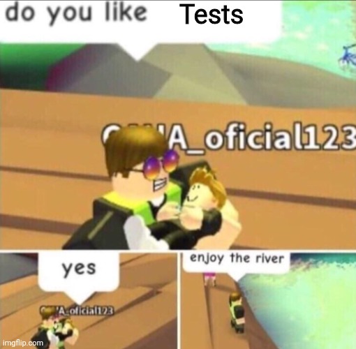 Who likes tests | Tests | image tagged in enjoy the river | made w/ Imgflip meme maker