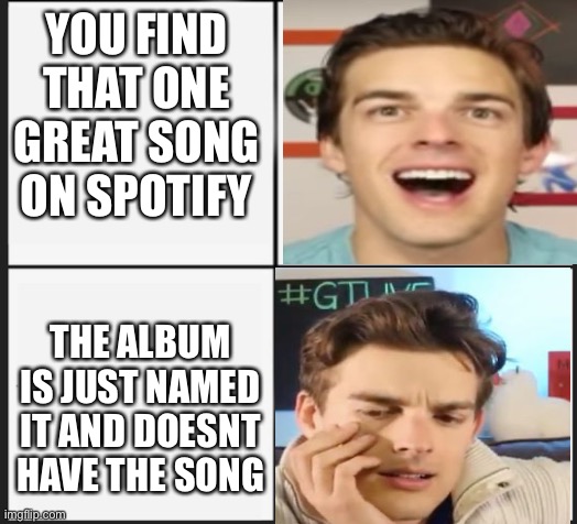 That one moment when | YOU FIND THAT ONE GREAT SONG ON SPOTIFY; THE ALBUM IS JUST NAMED IT AND DOESNT HAVE THE SONG | image tagged in spotify | made w/ Imgflip meme maker