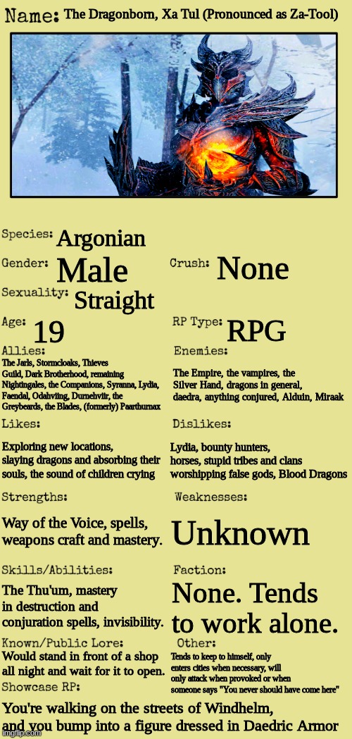 Memechat in the comments. NO ERP | The Dragonborn, Xa Tul (Pronounced as Za-Tool); Argonian; None; Male; Straight; 19; RPG; The Jarls, Stormcloaks, Thieves Guild, Dark Brotherhood, remaining Nightingales, the Companions, Syranna, Lydia, Faendal, Odahviing, Durnehviir, the Greybeards, the Blades, (formerly) Paarthurnax; The Empire, the vampires, the Silver Hand, dragons in general, daedra, anything conjured, Alduin, Miraak; Lydia, bounty hunters, horses, stupid tribes and clans worshipping false gods, Blood Dragons; Exploring new locations, slaying dragons and absorbing their souls, the sound of children crying; Unknown; Way of the Voice, spells, weapons craft and mastery. The Thu'um, mastery in destruction and conjuration spells, invisibility. None. Tends to work alone. Would stand in front of a shop all night and wait for it to open. Tends to keep to himself, only enters cities when necessary, will only attack when provoked or when someone says "You never should have come here"; You're walking on the streets of Windhelm, and you bump into a figure dressed in Daedric Armor | image tagged in new oc showcase for rp stream | made w/ Imgflip meme maker