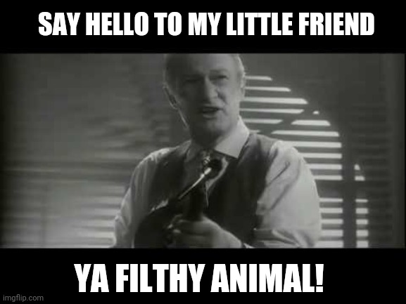ya filthy animal! | SAY HELLO TO MY LITTLE FRIEND; YA FILTHY ANIMAL! | image tagged in ya filthy animal | made w/ Imgflip meme maker
