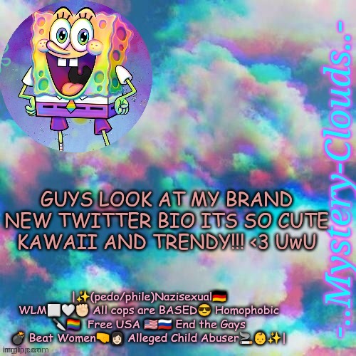 my first template (thanks j u m m y) | GUYS LOOK AT MY BRAND NEW TWITTER BIO ITS SO CUTE KAWAII AND TRENDY!!! <3 UwU; |✨(pedo/phile)Nazisexual🇩🇪 WLM⬜🤍✊🏻 All cops are BASED😎 Homophobic 🔪🏳️‍🌈  Free USA 🇺🇲🇷🇺 End the Gays 💣 Beat Women🤜👩🏻 Alleged Child Abuser🚬👶✨| | image tagged in my first template thanks j u m m y,dies | made w/ Imgflip meme maker