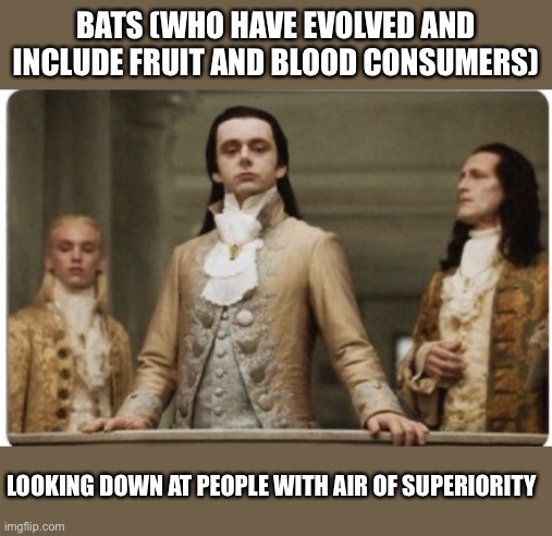 Vampires or vampire bats | BATS (WHO HAVE EVOLVED AND INCLUDE FRUIT AND BLOOD CONSUMERS); LOOKING DOWN AT PEOPLE WITH AIR OF SUPERIORITY | image tagged in superior royalty,vampires,bats,evolution | made w/ Imgflip meme maker