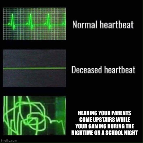 Heart beat meme | HEARING YOUR PARENTS COME UPSTAIRS WHILE YOUR GAMING DURING THE NIGHTTIME ON A SCHOOL NIGHT | image tagged in heart beat meme | made w/ Imgflip meme maker