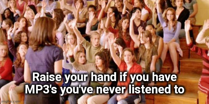 Raise your hand if you have ever been personally victimized by R | Raise your hand if you have MP3's you've never listened to | image tagged in raise your hand if you have ever been personally victimized by r | made w/ Imgflip meme maker