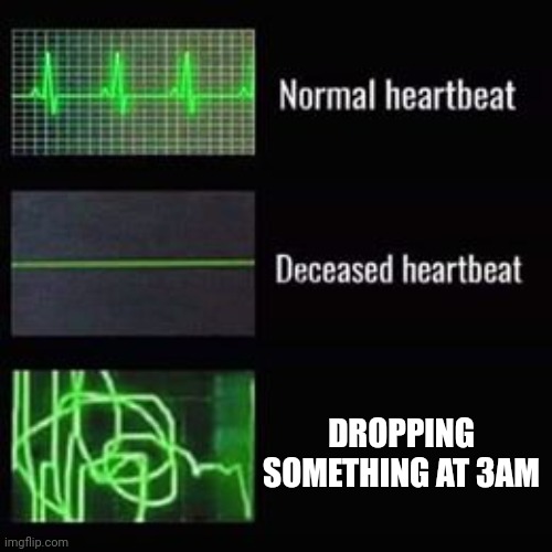 Pain | DROPPING SOMETHING AT 3AM | image tagged in heartbeat rate | made w/ Imgflip meme maker