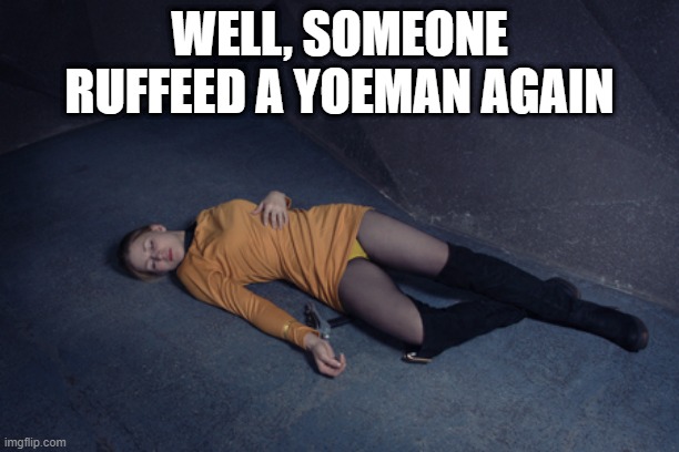 Slipped Her a Mickey |  WELL, SOMEONE RUFFEED A YOEMAN AGAIN | image tagged in star trek unconscious female crew member 2 | made w/ Imgflip meme maker