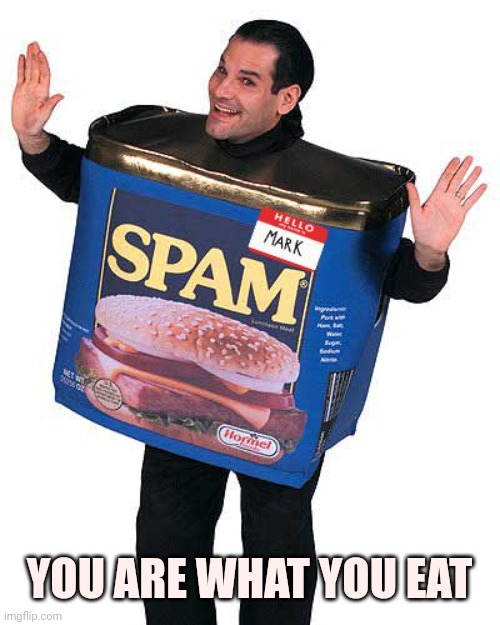 Spam | YOU ARE WHAT YOU EAT | image tagged in spam | made w/ Imgflip meme maker