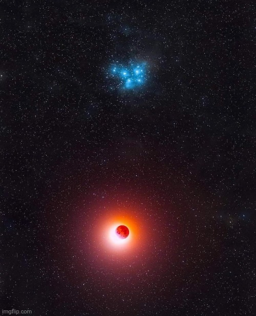 Eclipsed Moon and PleiadesPhoto:Astrofalls | image tagged in eclipse,moon,pleiades,stars,night sky,awesome | made w/ Imgflip meme maker