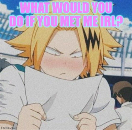 trend | WHAT WOULD YOU DO IF YOU MET ME IRL? | image tagged in denki looking at paper | made w/ Imgflip meme maker