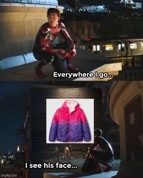 billy and his sister walking by me and i see his sister wearing this jacket | image tagged in everywhere i go i see his face | made w/ Imgflip meme maker