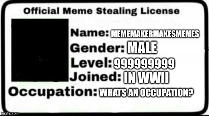 got my meme stealing license. Your turn now | MEMEMAKERMAKESMEMES; MALE; 999999999; IN WWII; WHATS AN OCCUPATION? | image tagged in meme stealing license | made w/ Imgflip meme maker