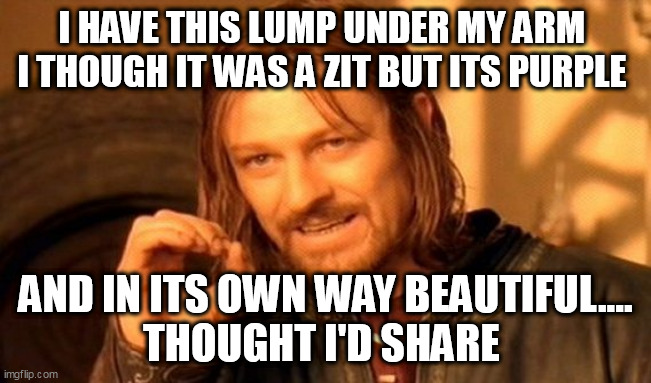 One Does Not Simply Meme | I HAVE THIS LUMP UNDER MY ARM  I THOUGH IT WAS A ZIT BUT ITS PURPLE; AND IN ITS OWN WAY BEAUTIFUL....
THOUGHT I'D SHARE | image tagged in memes,one does not simply | made w/ Imgflip meme maker