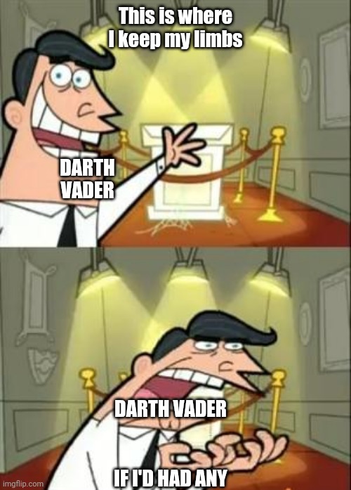 This Is Where I'd Put My Trophy If I Had One Meme | This is where I keep my limbs; DARTH VADER; DARTH VADER; IF I'D HAD ANY | image tagged in memes,this is where i'd put my trophy if i had one,star wars,darth vader,imgflip | made w/ Imgflip meme maker