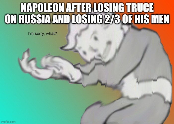 I'm sorry what? | NAPOLEON AFTER LOSING TRUCE ON RUSSIA AND LOSING 2/3 OF HIS MEN | image tagged in i'm sorry what | made w/ Imgflip meme maker