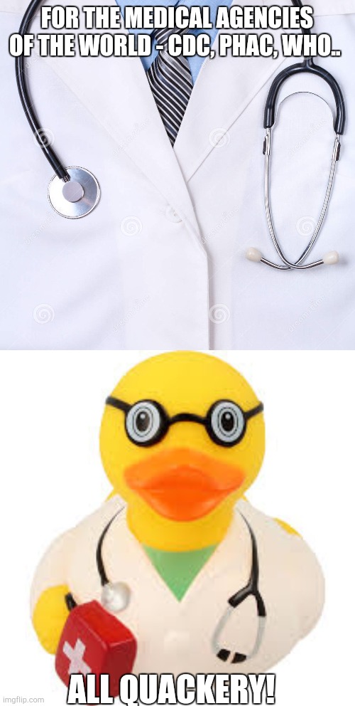 Med-uck | FOR THE MEDICAL AGENCIES OF THE WORLD - CDC, PHAC, WHO.. ALL QUACKERY! | image tagged in rubber ducks | made w/ Imgflip meme maker