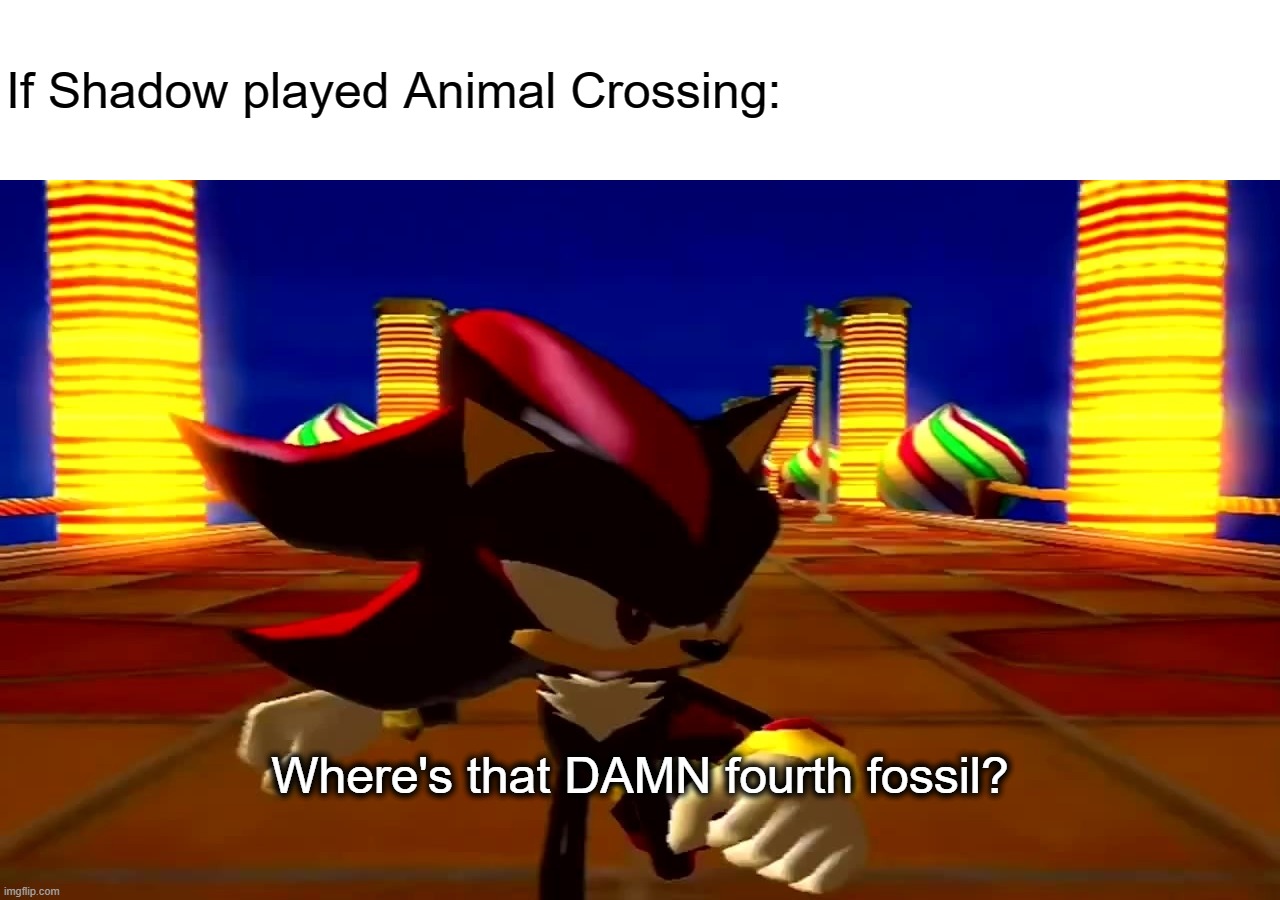 DAMN fourth chaos emerald | If Shadow played Animal Crossing:; Where's that DAMN fourth fossil? | image tagged in damn fourth chaos emerald | made w/ Imgflip meme maker