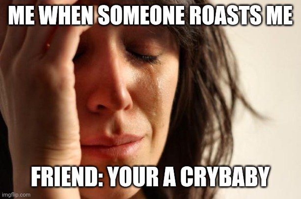 First World Problems | ME WHEN SOMEONE ROASTS ME; FRIEND: YOUR A CRYBABY | image tagged in memes,first world problems | made w/ Imgflip meme maker