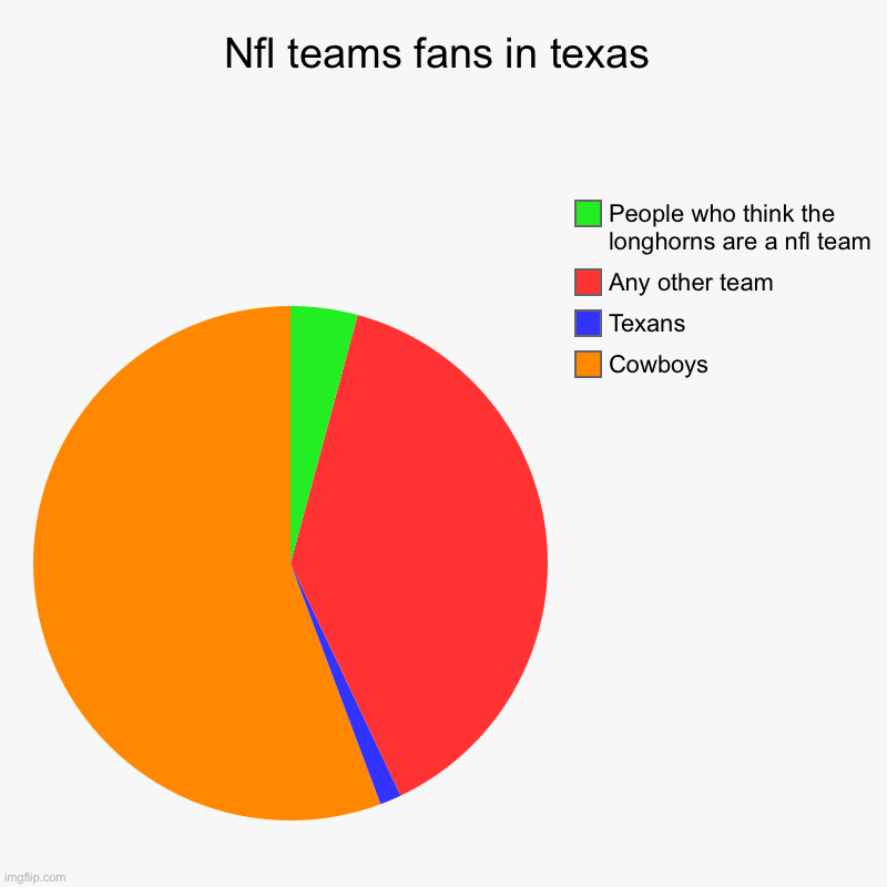 Nfl teams fans in texas | Cowboys , Texans, Any other team , People who think the longhorns are a nfl team | image tagged in charts,pie charts | made w/ Imgflip chart maker