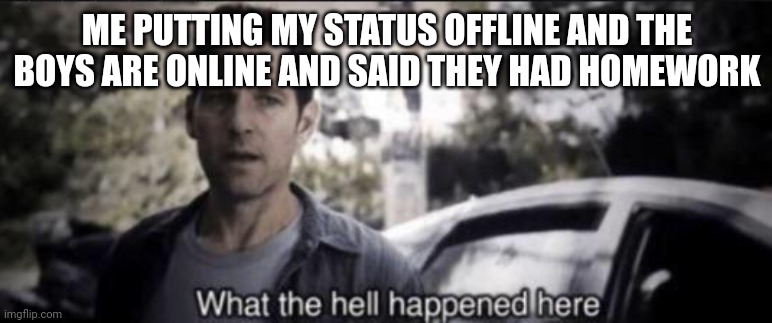 What the hell happened here | ME PUTTING MY STATUS OFFLINE AND THE BOYS ARE ONLINE AND SAID THEY HAD HOMEWORK | image tagged in what the hell happened here | made w/ Imgflip meme maker