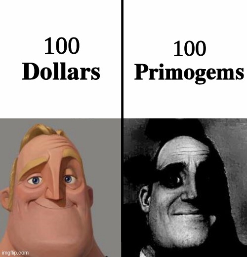 only genshin impact players will understand | 100 𝐏𝐫𝐢𝐦𝐨𝐠𝐞𝐦𝐬; 100 𝐃𝐨𝐥𝐥𝐚𝐫𝐬 | image tagged in traumatized mr incredible,genshin impact,100 dollars,100 primogems,bruh,the pain of 100 primogems | made w/ Imgflip meme maker