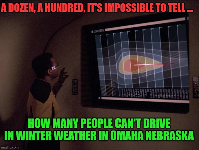 A DOZEN, A HUNDRED, IT'S IMPOSSIBLE TO TELL ... HOW MANY PEOPLE CAN'T DRIVE IN WINTER WEATHER IN OMAHA NEBRASKA | made w/ Imgflip meme maker