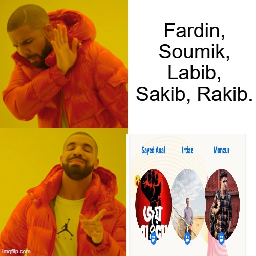 Meta Friendship Algorithm: | Fardin, Soumik, Labib, Sakib, Rakib. | image tagged in memes,drake hotline bling | made w/ Imgflip meme maker
