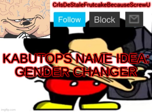 vfrhjfjwbjfvwbwhfkjblwefvrjbkvbwhITS PERFECT | KABUTOPS NAME IDEA:
GENDER CHANGER | made w/ Imgflip meme maker
