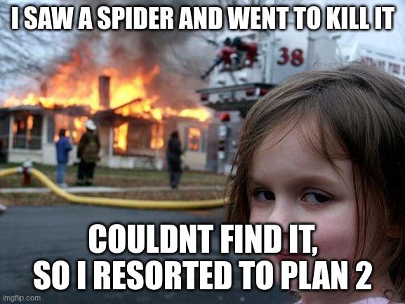 spider | I SAW A SPIDER AND WENT TO KILL IT; COULDN'T FIND IT, SO I RESORTED TO PLAN 2 | image tagged in memes,disaster girl | made w/ Imgflip meme maker