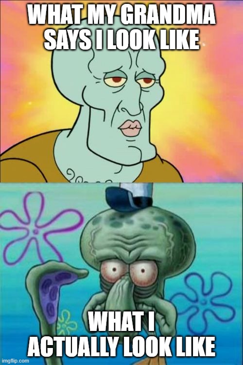 Honestly grandma lie how you look a lot | WHAT MY GRANDMA SAYS I LOOK LIKE; WHAT I ACTUALLY LOOK LIKE | image tagged in memes,squidward | made w/ Imgflip meme maker