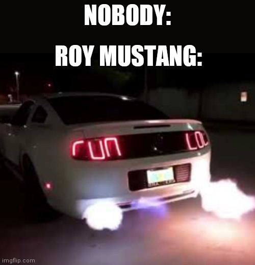 The only fire I like is the kind from a car | NOBODY:; ROY MUSTANG: | image tagged in ass,roy mustang,exhaust fire,gt500 | made w/ Imgflip meme maker