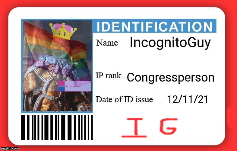 Incognito's ID | IncognitoGuy; Congressperson; 12/11/21 | image tagged in dmv id card,but why why would you do that,incognito | made w/ Imgflip meme maker