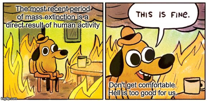 If annihilation is such a triviality to us, why don't we start with ourselves? | The most recent period of mass extinction is a direct result of human activity; Don't get comfortable.
Hell is too good for us. | image tagged in memes,this is fine | made w/ Imgflip meme maker