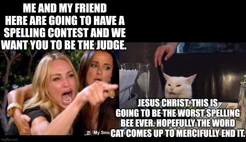 ME AND MY FRIEND HERE ARE GOING TO HAVE A SPELLING CONTEST AND WE WANT YOU TO BE THE JUDGE. JESUS CHRIST. THIS IS GOING TO BE THE WORST SPELLING BEE EVER. HOPEFULLY THE WORD CAT COMES UP TO MERCIFULLY END IT. | image tagged in smudge the cat | made w/ Imgflip meme maker