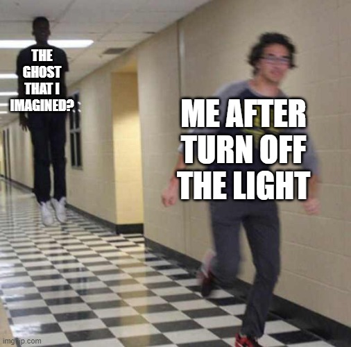 sheessssssssh | THE GHOST THAT I IMAGINED? ME AFTER TURN OFF THE LIGHT | image tagged in floating boy chasing running boy | made w/ Imgflip meme maker