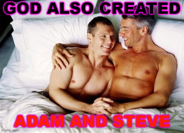 God also created Adam and Steve | GOD ALSO CREATED; ADAM AND STEVE | image tagged in gay bed | made w/ Imgflip meme maker