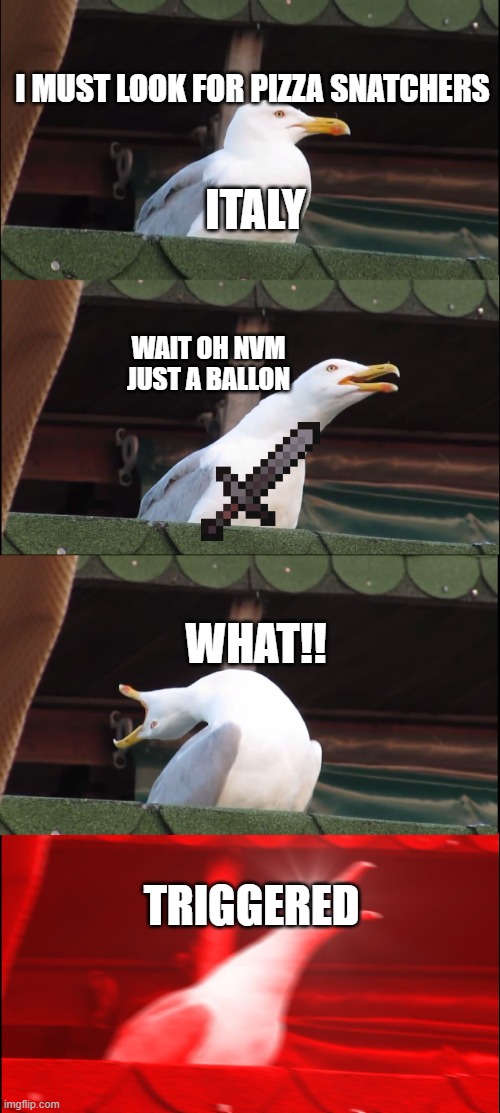 Inhaling Seagull Meme | I MUST LOOK FOR PIZZA SNATCHERS; ITALY; WAIT OH NVM JUST A BALLON; WHAT!! TRIGGERED | image tagged in memes,inhaling seagull | made w/ Imgflip meme maker