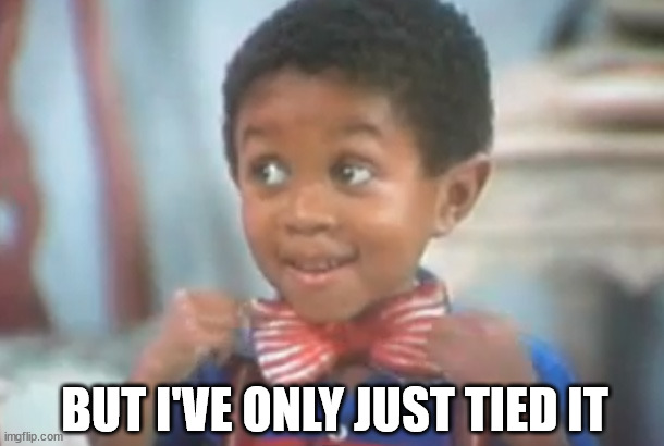 webster bowtie | BUT I'VE ONLY JUST TIED IT | image tagged in webster bowtie | made w/ Imgflip meme maker