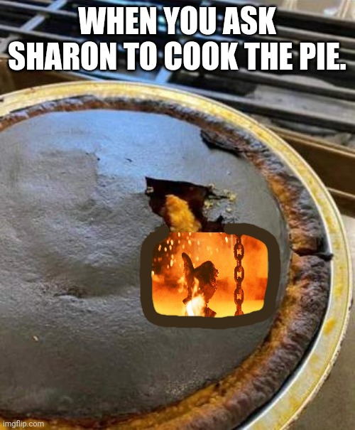 Sharon in the kitchen | WHEN YOU ASK SHARON TO COOK THE PIE. | image tagged in funny memes | made w/ Imgflip meme maker