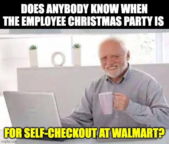 Walmart | DOES ANYBODY KNOW WHEN THE EMPLOYEE CHRISTMAS PARTY IS; FOR SELF-CHECKOUT AT WALMART? | image tagged in harold | made w/ Imgflip meme maker