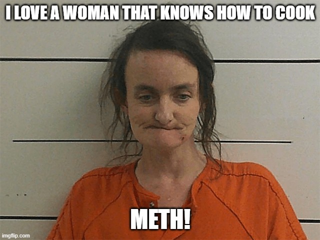 Just Say No to Meth | I LOVE A WOMAN THAT KNOWS HOW TO COOK; METH! | image tagged in meth head,kentucky woman | made w/ Imgflip meme maker