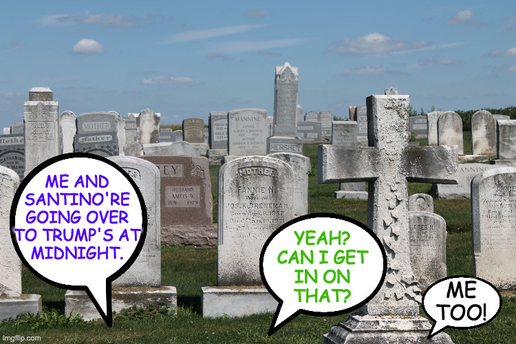 Cemetary | ME AND
SANTINO'RE
GOING OVER
TO TRUMP'S AT
MIDNIGHT. YEAH?
CAN I GET
IN ON
THAT? ME
TOO! | image tagged in cemetary | made w/ Imgflip meme maker