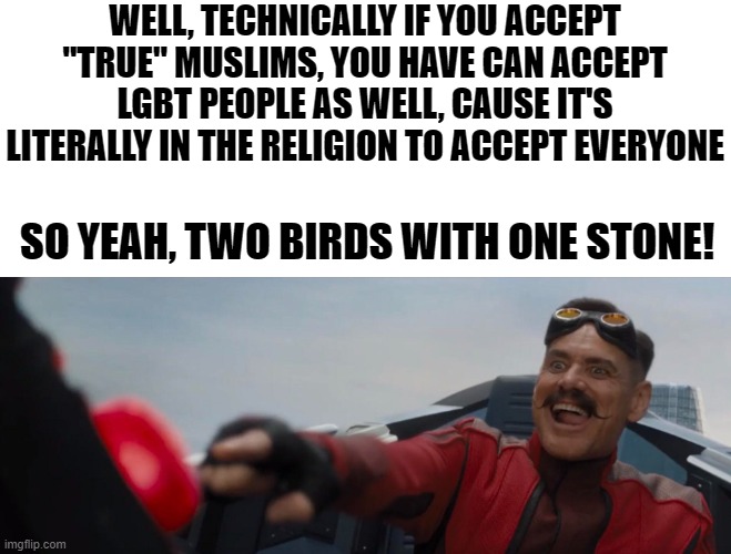 Dr. Robotnik pushing button | WELL, TECHNICALLY IF YOU ACCEPT "TRUE" MUSLIMS, YOU HAVE CAN ACCEPT LGBT PEOPLE AS WELL, CAUSE IT'S LITERALLY IN THE RELIGION TO ACCEPT EVER | image tagged in dr robotnik pushing button | made w/ Imgflip meme maker