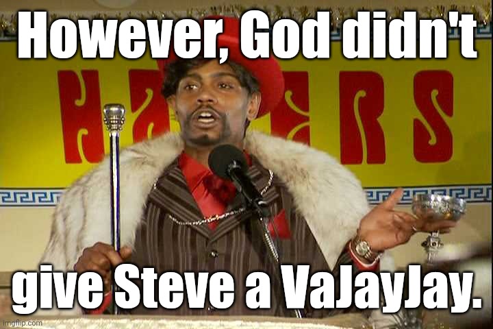 "As I sip my soda, that I'm sure somebody spit in..."" | However, God didn't give Steve a VaJayJay. | image tagged in as i sip my soda that i'm sure somebody spit in | made w/ Imgflip meme maker