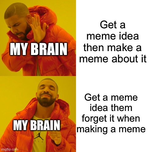 Drake Hotline Bling | Get a meme idea then make a meme about it; MY BRAIN; Get a meme idea them forget it when making a meme; MY BRAIN | image tagged in memes,drake hotline bling | made w/ Imgflip meme maker