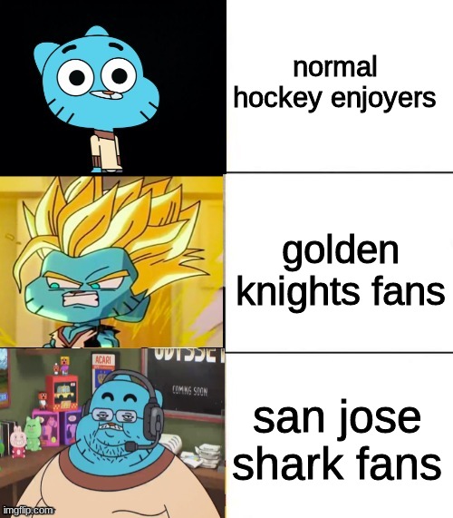 new best better blurst template |  normal hockey enjoyers; golden knights fans; san jose shark fans | image tagged in best better blurst but with gumball | made w/ Imgflip meme maker