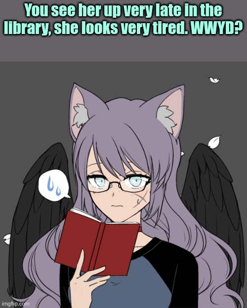 Can be romance {Keep SFW} Can be friendly | You see her up very late in the library, she looks very tired. WWYD? | image tagged in roleplay | made w/ Imgflip meme maker