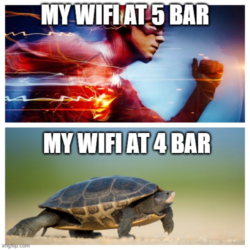 Drops 1 bar = Ping dead from overdose | MY WIFI AT 5 BAR; MY WIFI AT 4 BAR | image tagged in fast vs slow | made w/ Imgflip meme maker