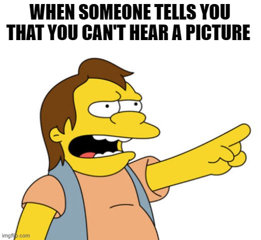 Nelson Muntz Them |  WHEN SOMEONE TELLS YOU THAT YOU CAN'T HEAR A PICTURE | image tagged in nelson muntz haha,memes,funny,hear a picture | made w/ Imgflip meme maker